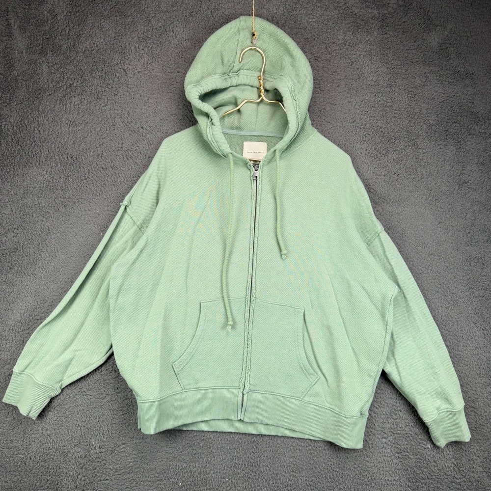 American Eagle Women Sage Green Waffle Knit Full Zip Hoodie Medium Oversized